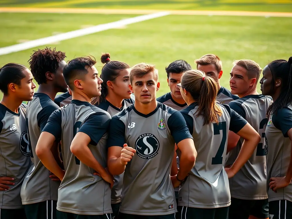 A group of athletes wearing matching team apparel with a unified logo, standing together in a huddle, showcasing team spirit and solidarity.
