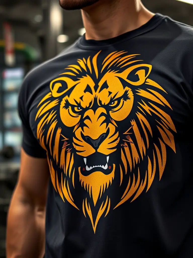 A custom-designed t-shirt featuring a fierce lion graphic combined with the athlete's nickname in bold lettering, showcased in a mock-up of someone wearing it at a training session.