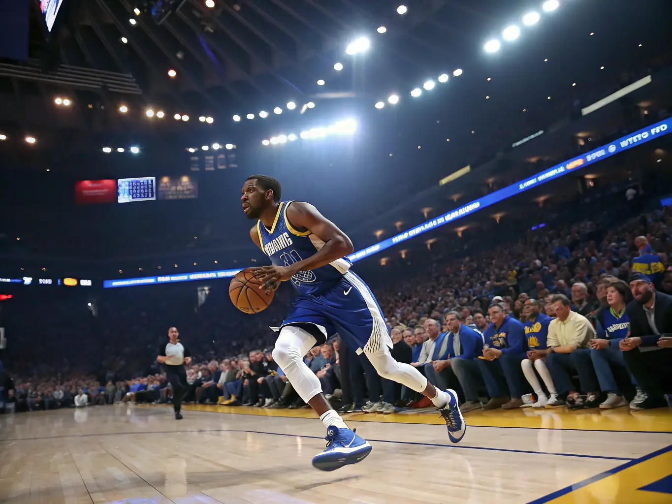 A dynamic action shot of a basketball player in a custom-designed jersey, dribbling the ball with determination, set against a blurred background of cheering fans in a stadium.