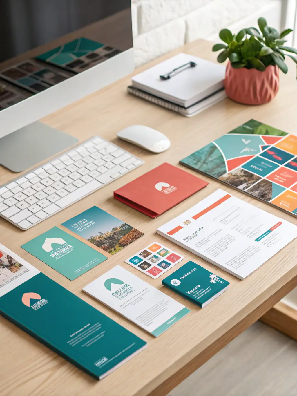 A collection of various branding tools including business cards, social media templates, and promotional flyers, all consistently branded with the athlete's logo and colors, neatly arranged on a desk.