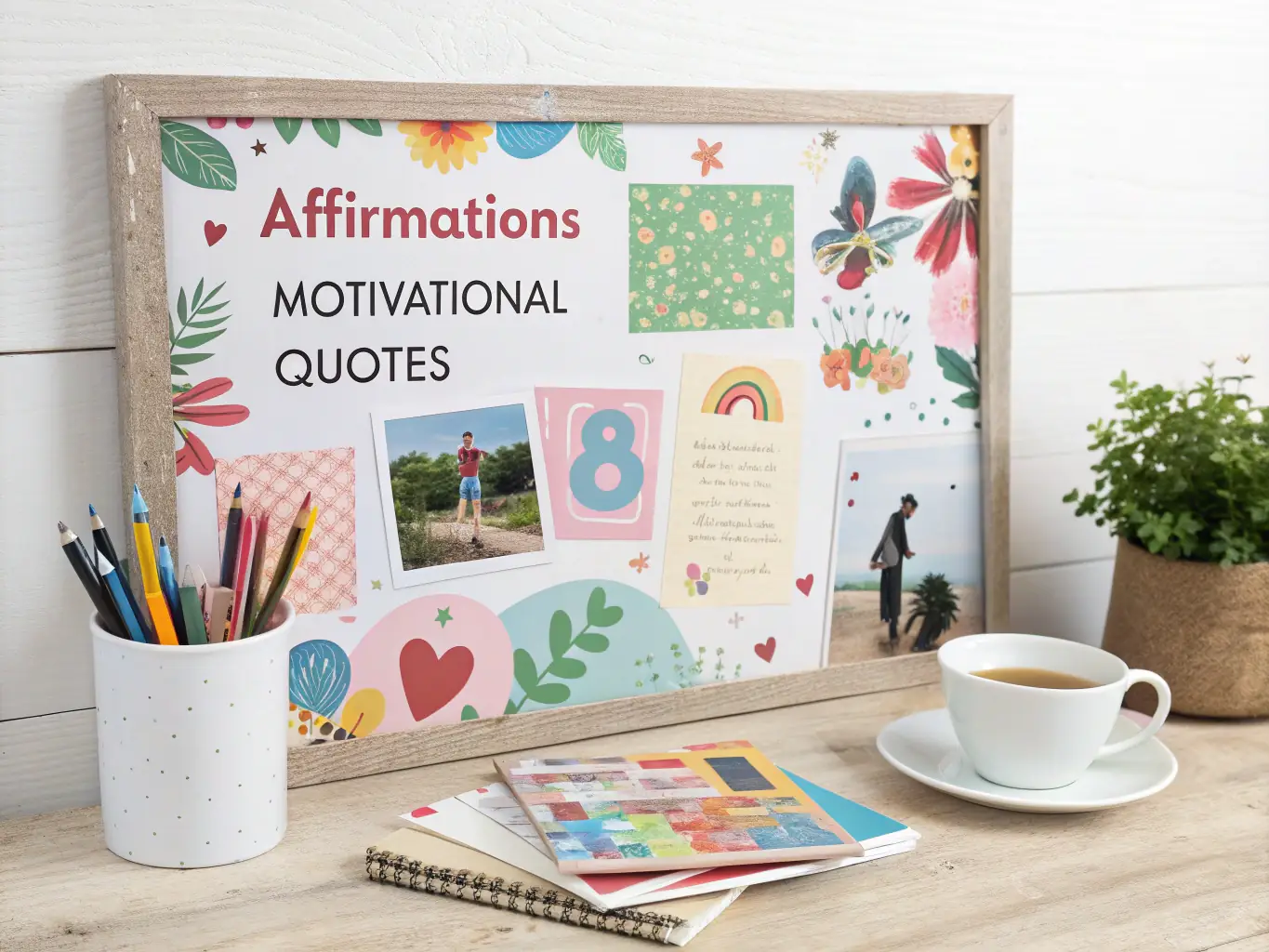 A motivational scene with bold, colorful stickers featuring uplifting quotes and symbols, arranged on a corkboard and personal items, representing the Motivational sticker collection for daily inspiration.