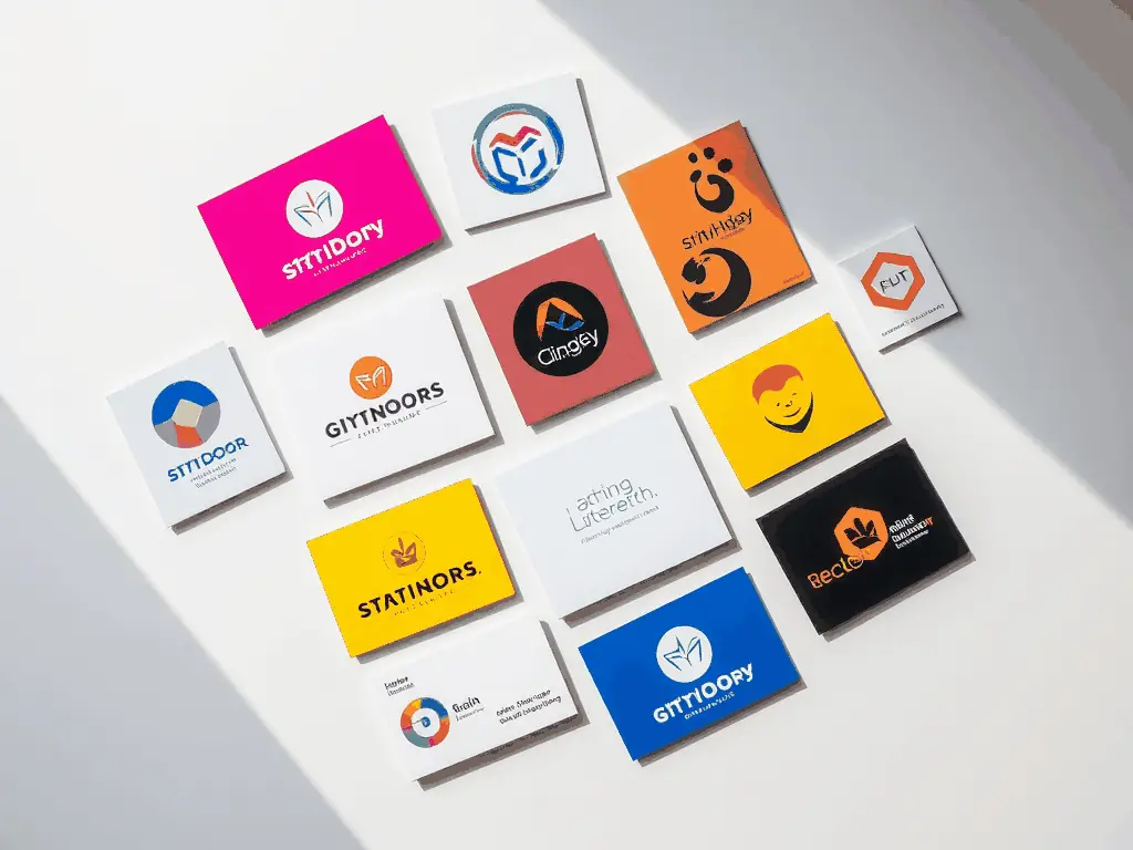 A clean, modern image showing a variety of business logo stickers on laptops, water bottles, and notebooks, emphasizing professionalism and brand identity for the Business Logos sticker collection.